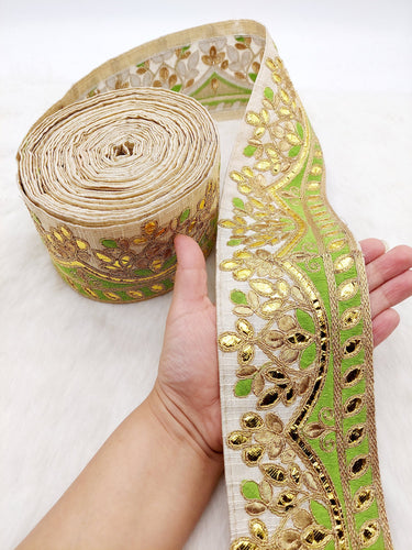 Silk Fabric Trim, Floral Gold Gota Patti Indian Sari Border Trim By Yard Decorative Trim Craft Lace